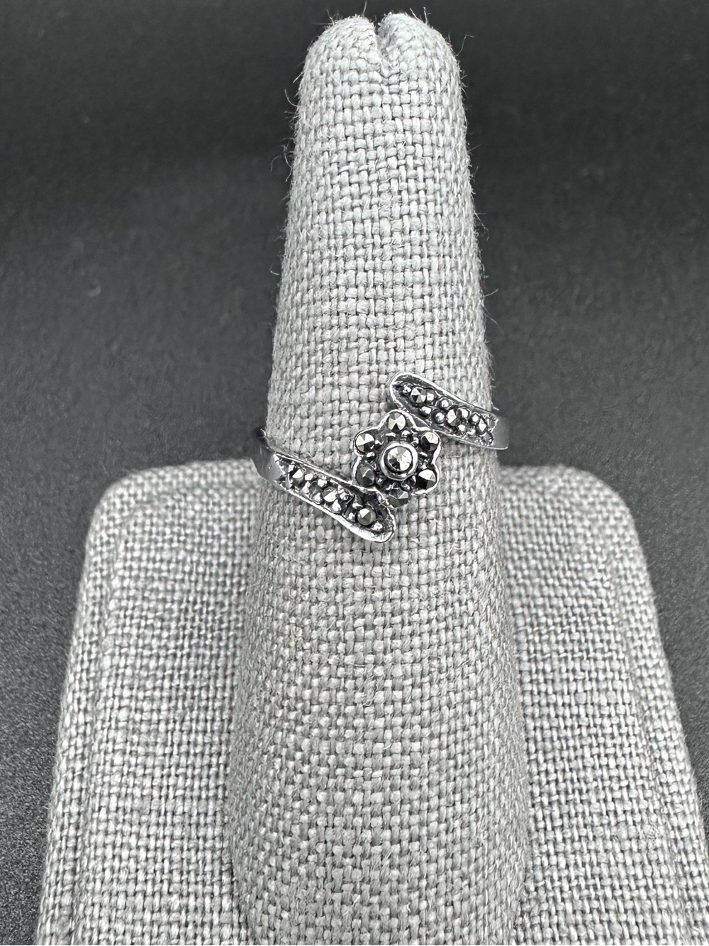 Vintage 925 Sterling Silver Marcasite Floral Bypass Wrap Ring 7.5
